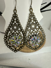 Victorian Antique Bronze Filigree Tear Drop Rhinestone Earrings