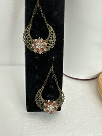 Victorian Antique Bronze Filigree Rhinestone Earrings Set