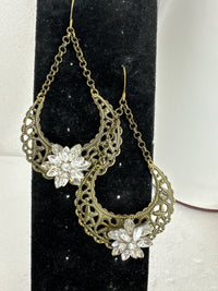 Victorian Antique Bronze Filigree Rhinestone Earrings Set