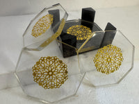 square, round or octagon coaster sets in resin with unique designs