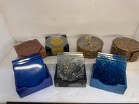 square, round or octagon coaster sets in resin with unique designs