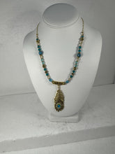 Victorian Style Peacock Feather Gold Teal Bead Pendant Necklace