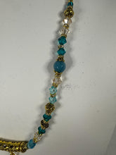 Victorian Style Peacock Feather Gold Teal Bead Pendant Necklace