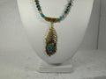 Victorian Style Peacock Feather Gold Teal Bead Pendant Necklace