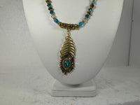 Victorian Style Peacock Feather Gold Teal Bead Pendant Necklace