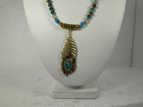 Victorian Style Peacock Feather Gold Teal Bead Pendant Necklace