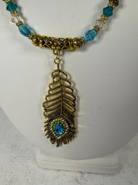Victorian Style Peacock Feather Gold Teal Bead Pendant Necklace