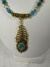 Victorian Style Peacock Feather Gold Teal Bead Pendant Necklace