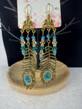 Gold And Teal Blue Peacock Feather Charming Necklace