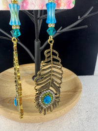 Gold And Teal Blue Peacock Feather Charming Necklace