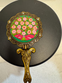 Floral Needlepoint Folding Hand Purse Mirror