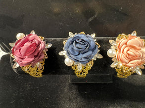 Adjustable Gold Filigree Cuff Bracelet With Fabric Rose And Rhinestone