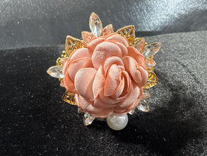 Adjustable Gold Filigree Cuff Bracelet With Fabric Rose And Rhinestone