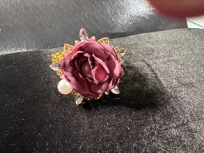 Adjustable Gold Filigree Cuff Bracelet With Fabric Rose And Rhinestone