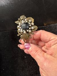 Vintage Bronze Filigree Cuff Bracelet With Rhinestone Floral Design