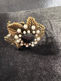 Vintage Bronze Filigree Cuff Bracelet With Rhinestone Floral Design