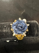 Adjustable Gold Filigree Cuff Bracelet With Fabric Rose And Rhinestone
