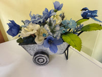 Decorative Small Wheel Barrel Flower Stand With Bird